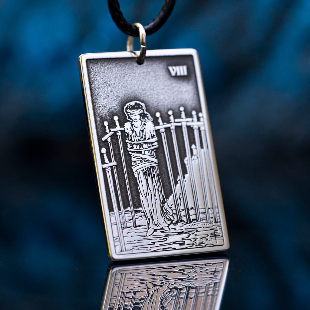 Eight of Swords Tarot Card Pendant: Stainless Steel Occult Amulet