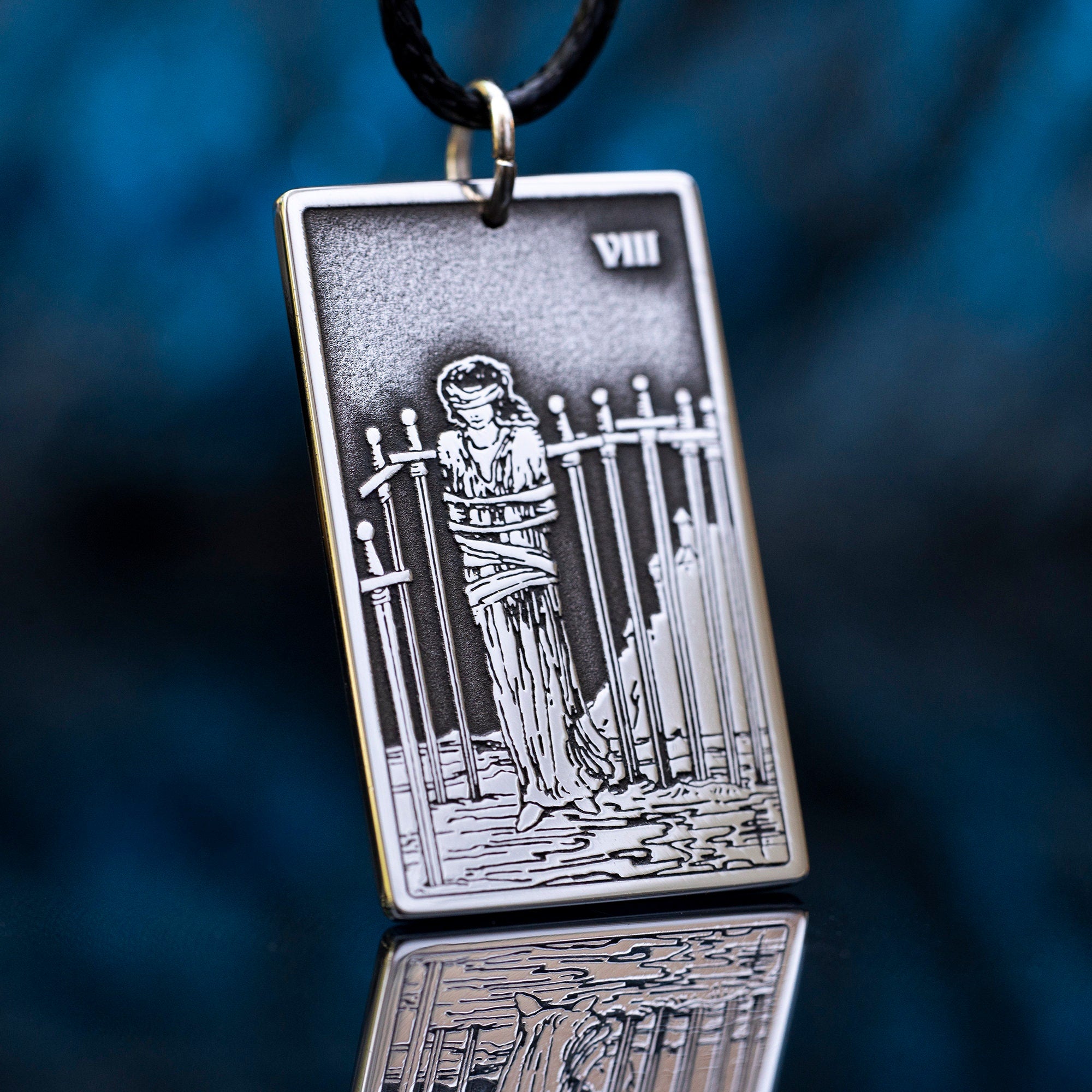 Eight of Swords Tarot Card Pendant: Stainless Steel Occult Amulet