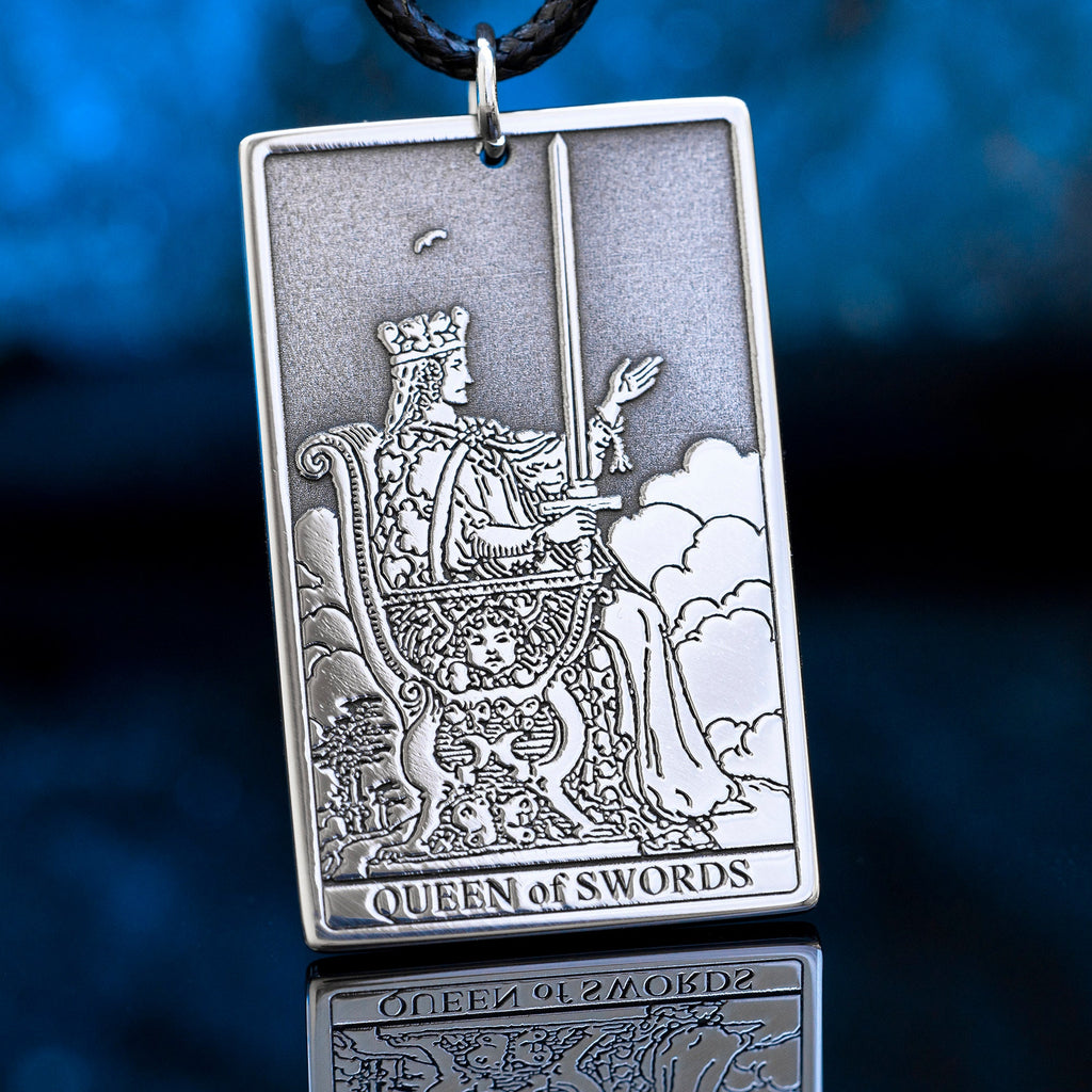 Queen of Swords Tarot Card Pendant: Stainless Steel Occult Amulet