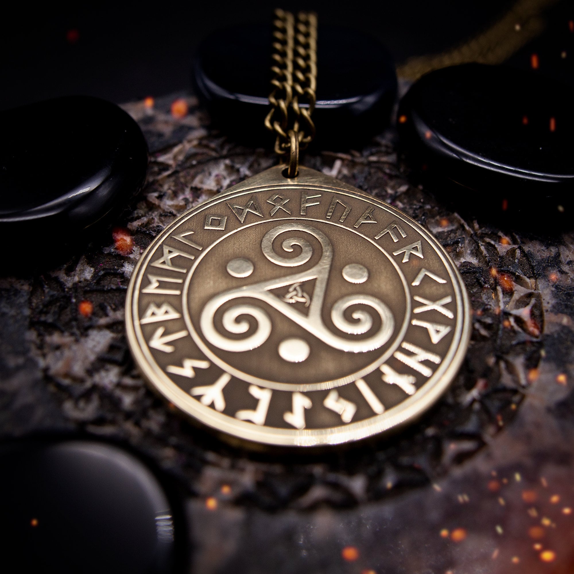 Triskele Triple Spiral Triskelion symbol in Rune Circle, Viking amulet, Scandinavian pendant, occult magic pagan talisman celtic amulet