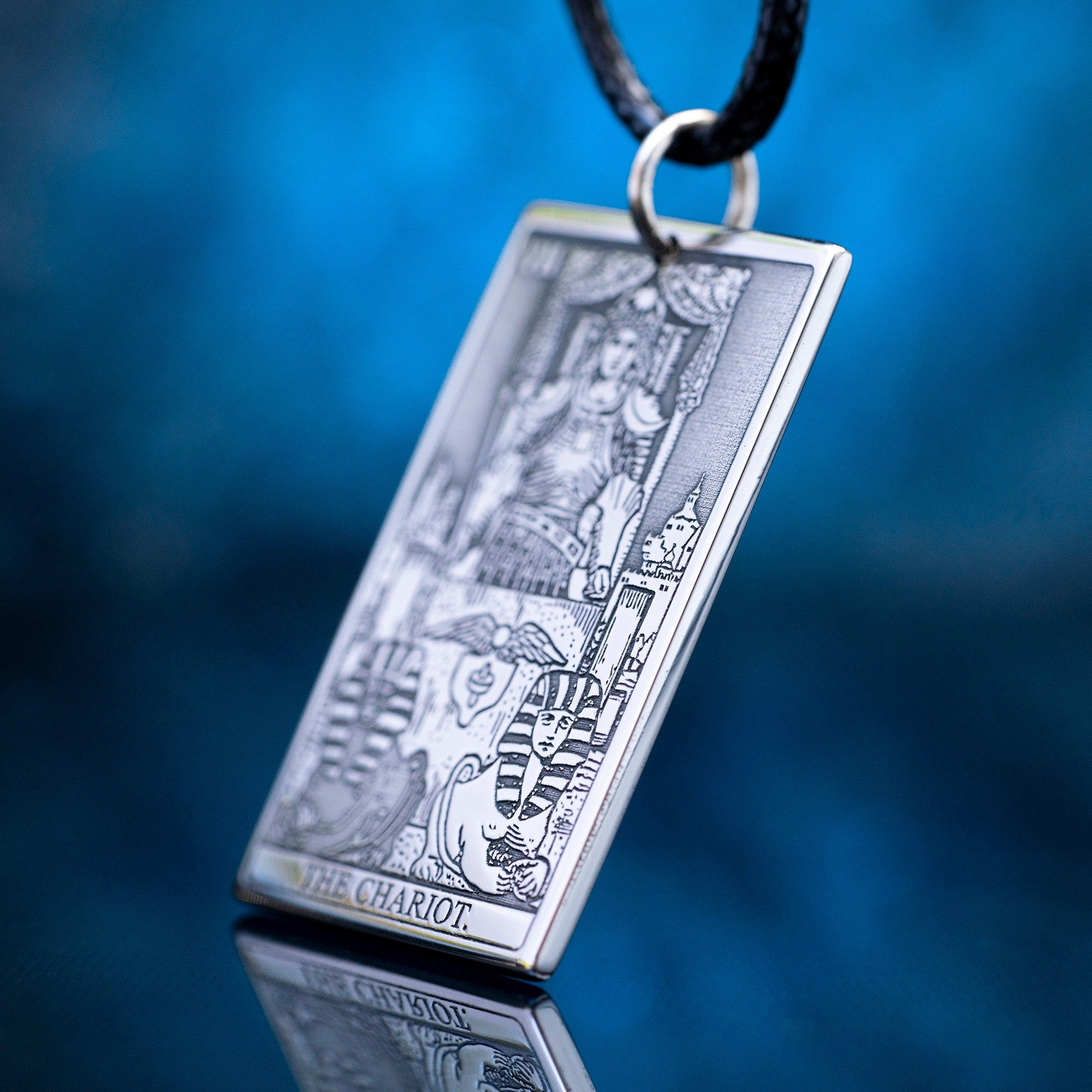 The Chariot Tarot Card Pendant: Stainless Steel Occult Amulet