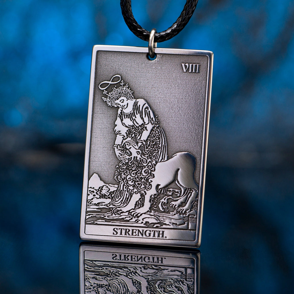 Strength Tarot Card Pendant: Stainless Steel Occult Amulet
