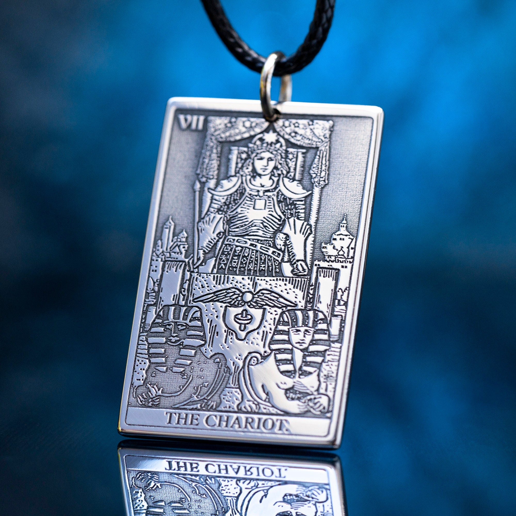 The Chariot Tarot Card Pendant: Stainless Steel Occult Amulet