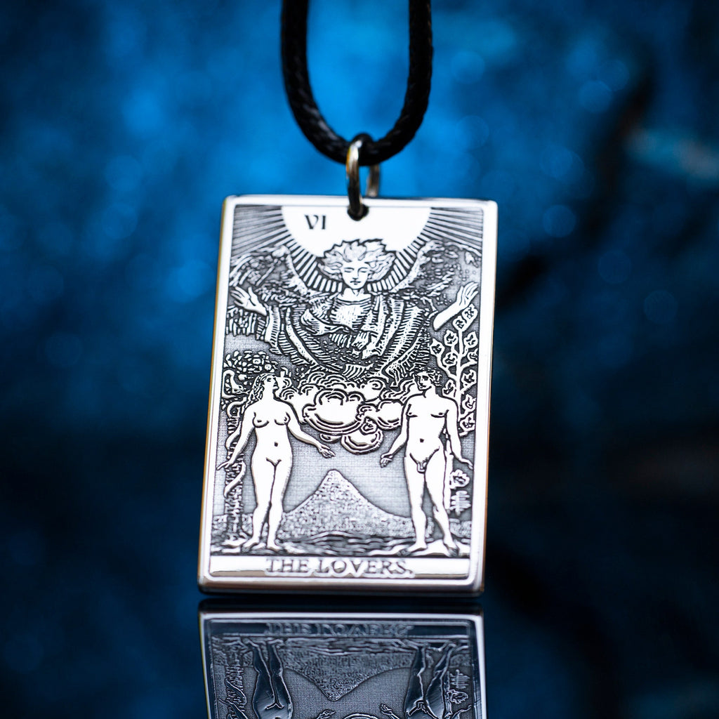 The Lovers Tarot Card Pendant: Stainless Steel Occult Amulet