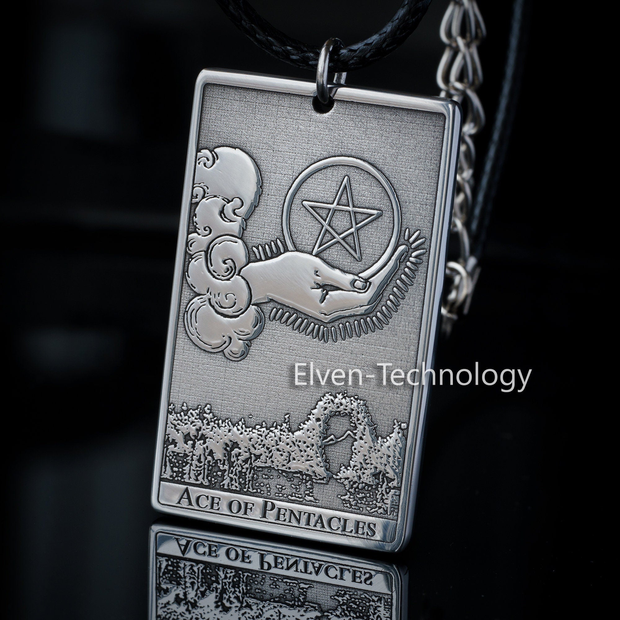 Ace of Pentacles Tarot Card Pendant: Stainless Steel Kabbalah Amulet