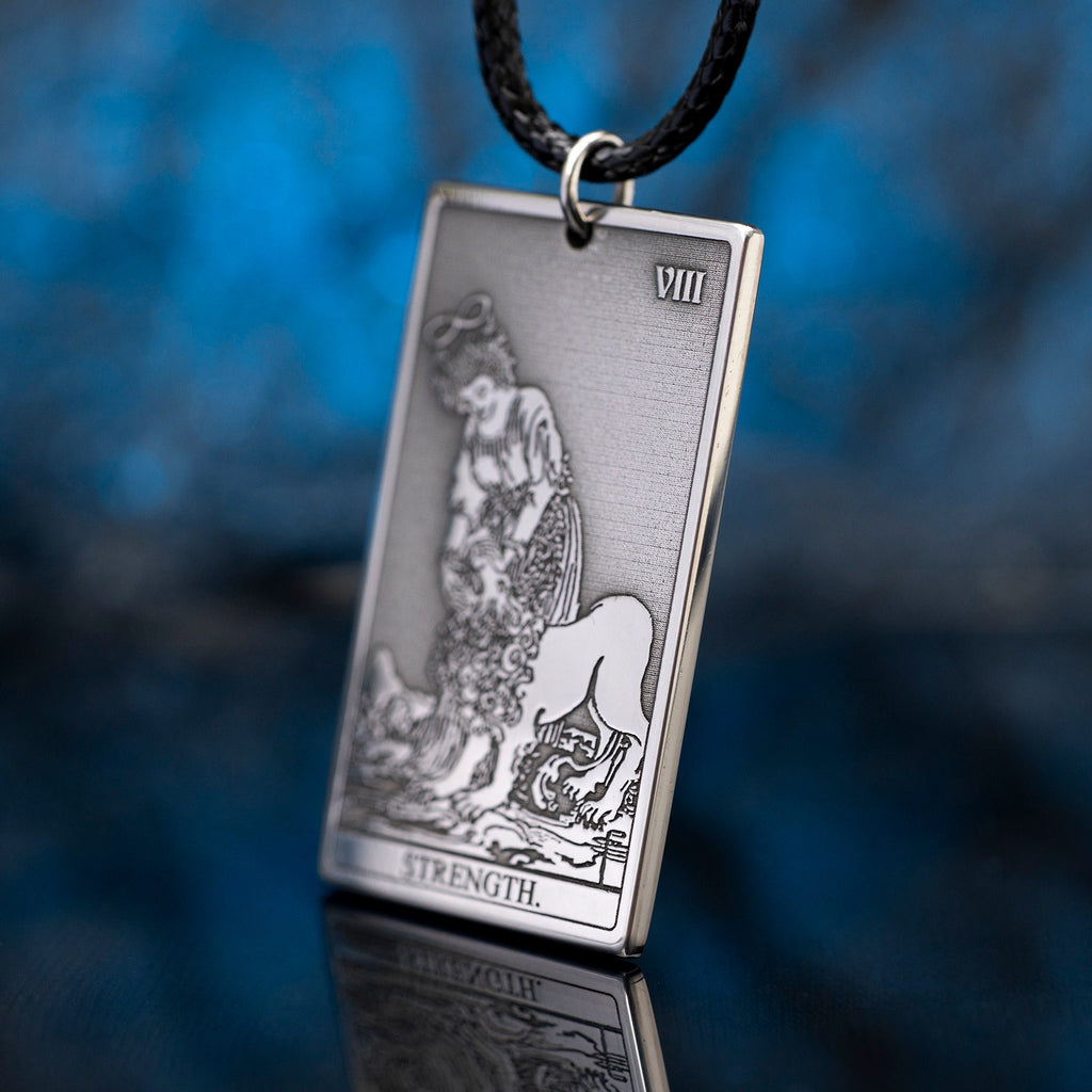 Strength Tarot Card Pendant: Stainless Steel Occult Amulet