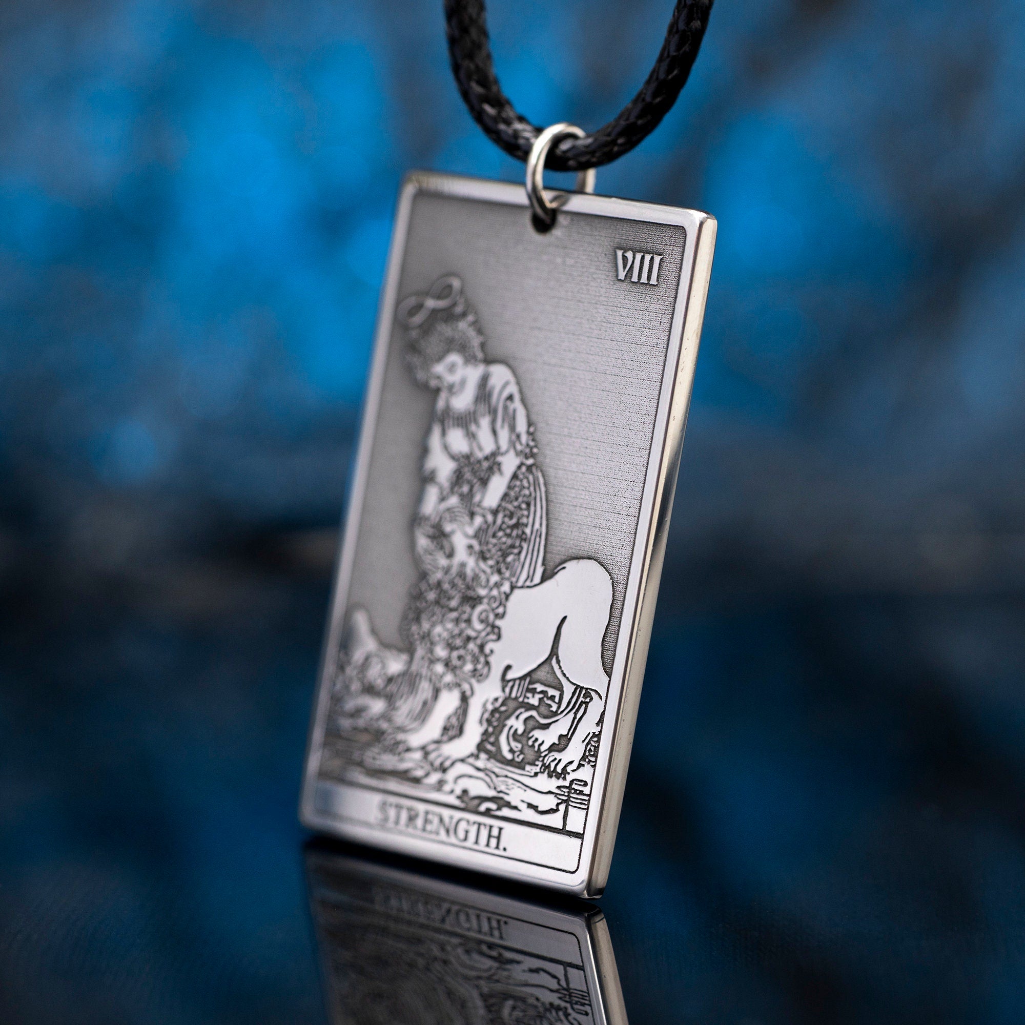 Strength Tarot Card Pendant: Stainless Steel Occult Amulet