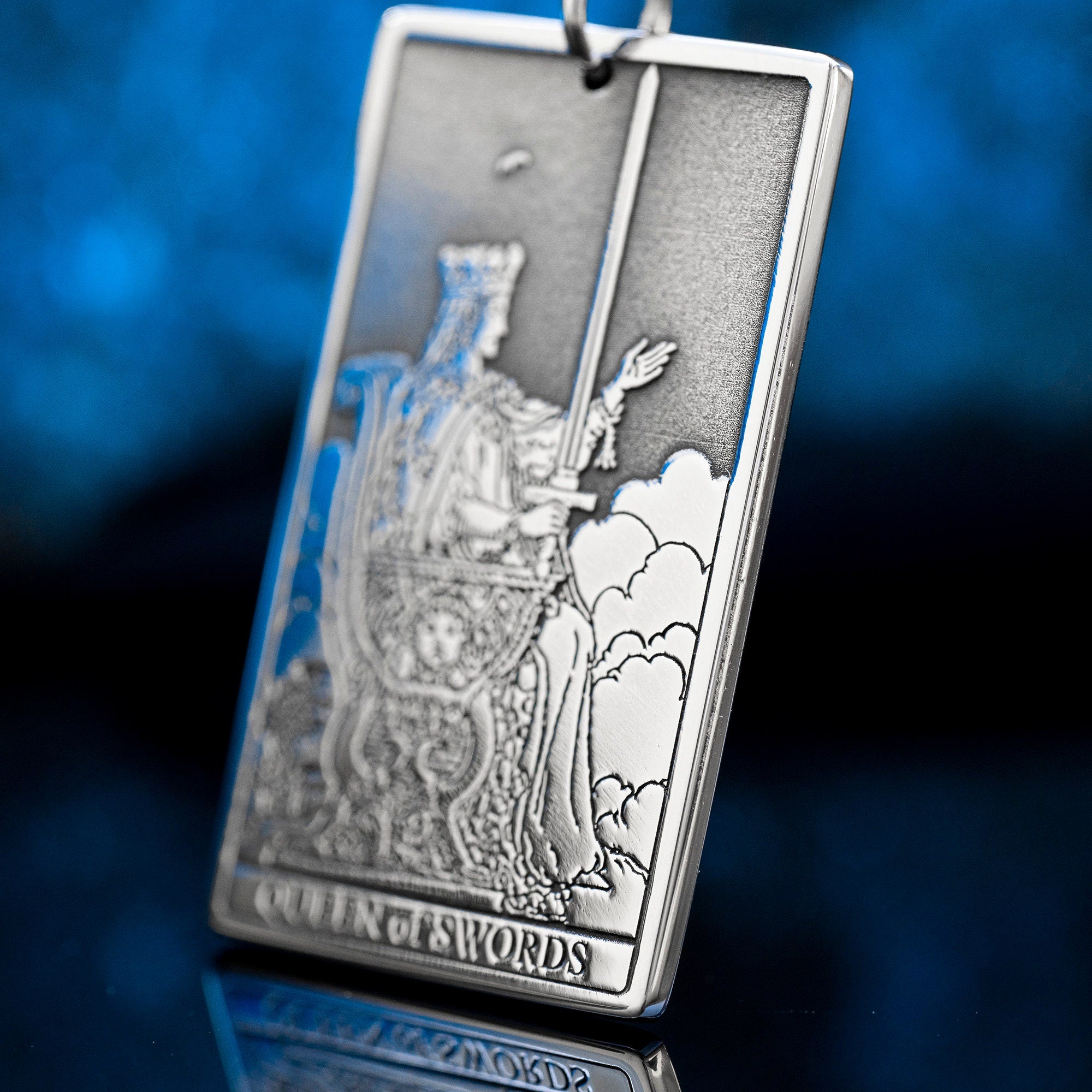 Queen of Swords Tarot Card Pendant: Stainless Steel Occult Amulet