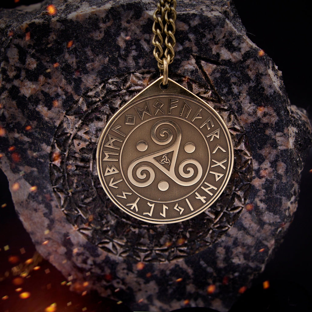 Triskele Triple Spiral Triskelion symbol in Rune Circle, Viking amulet, Scandinavian pendant, occult magic pagan talisman celtic amulet