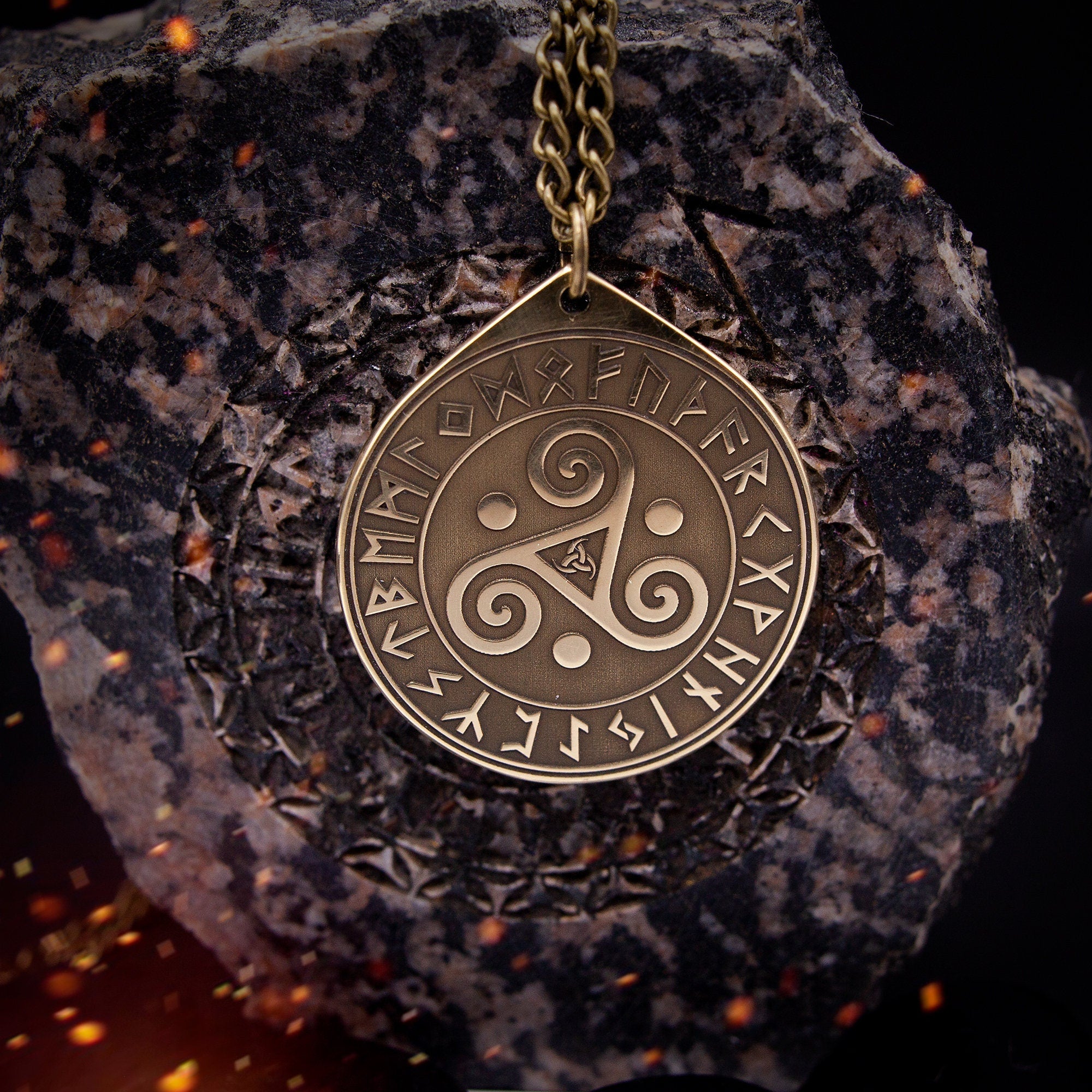 Triskele Triple Spiral Triskelion symbol in Rune Circle, Viking amulet, Scandinavian pendant, occult magic pagan talisman celtic amulet