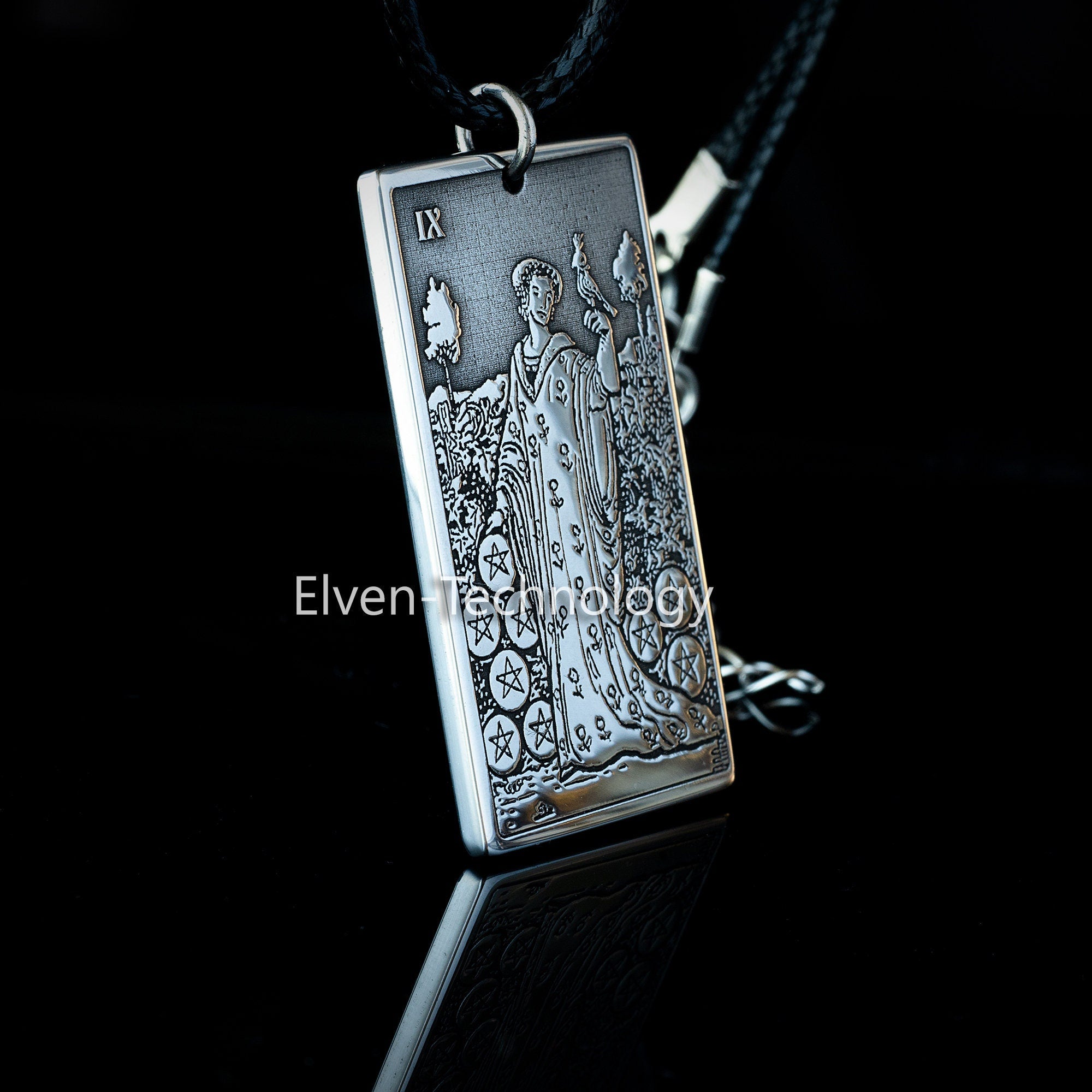 Nine of Pentacles Tarot Card Pendant: Major Arcana Occult Amulet