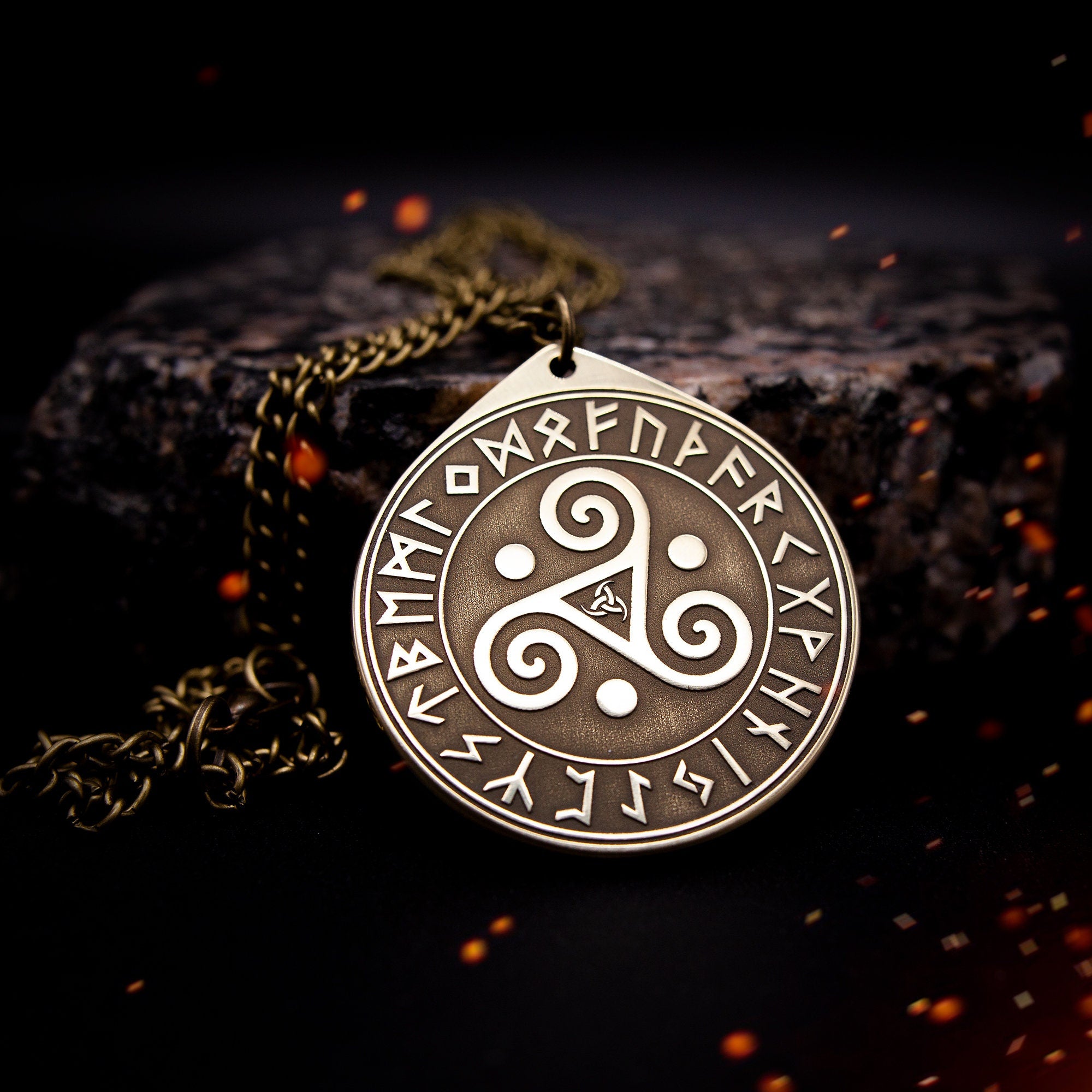 Triskele Triple Spiral Triskelion symbol in Rune Circle, Viking amulet, Scandinavian pendant, occult magic pagan talisman celtic amulet