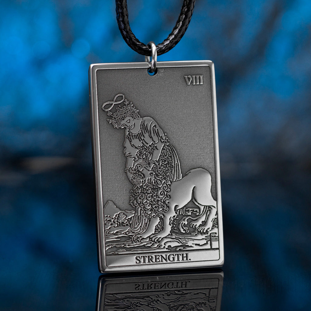 Strength Tarot Card Pendant: Stainless Steel Occult Amulet
