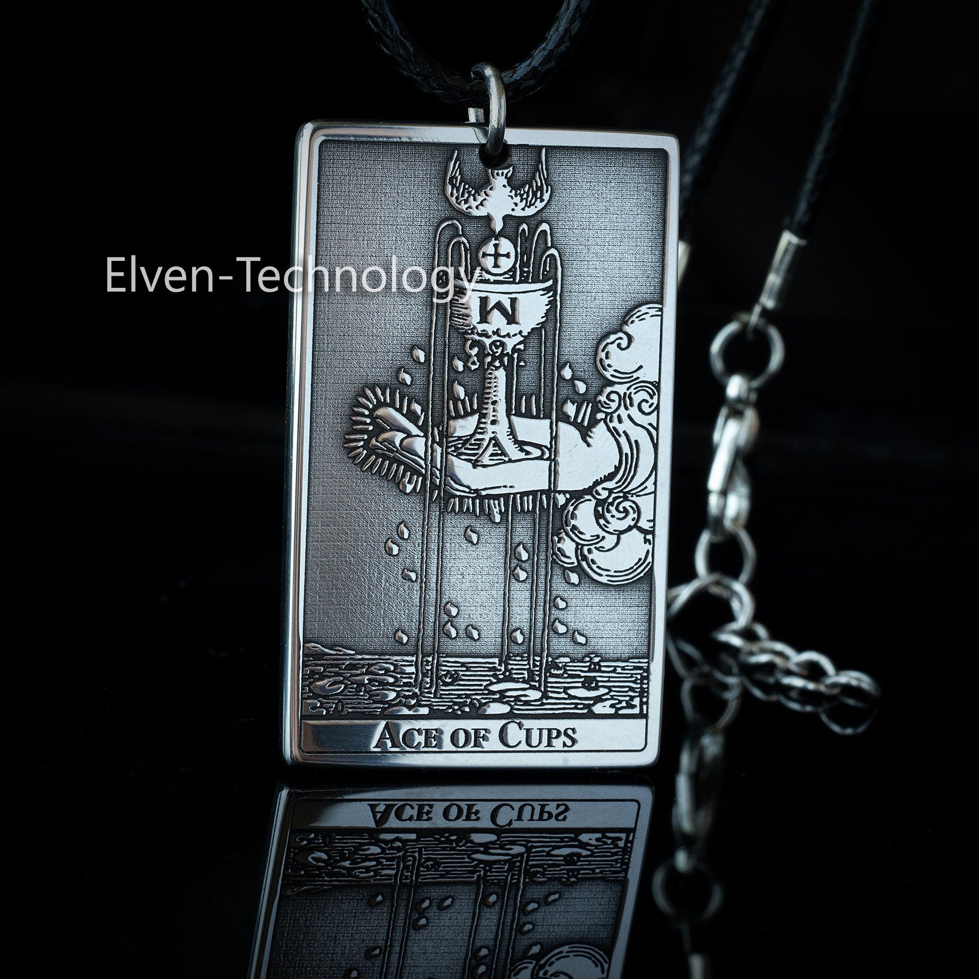 Ace Of Cups Tarot Card Pendant: Stainless Steel Occult Amulet
