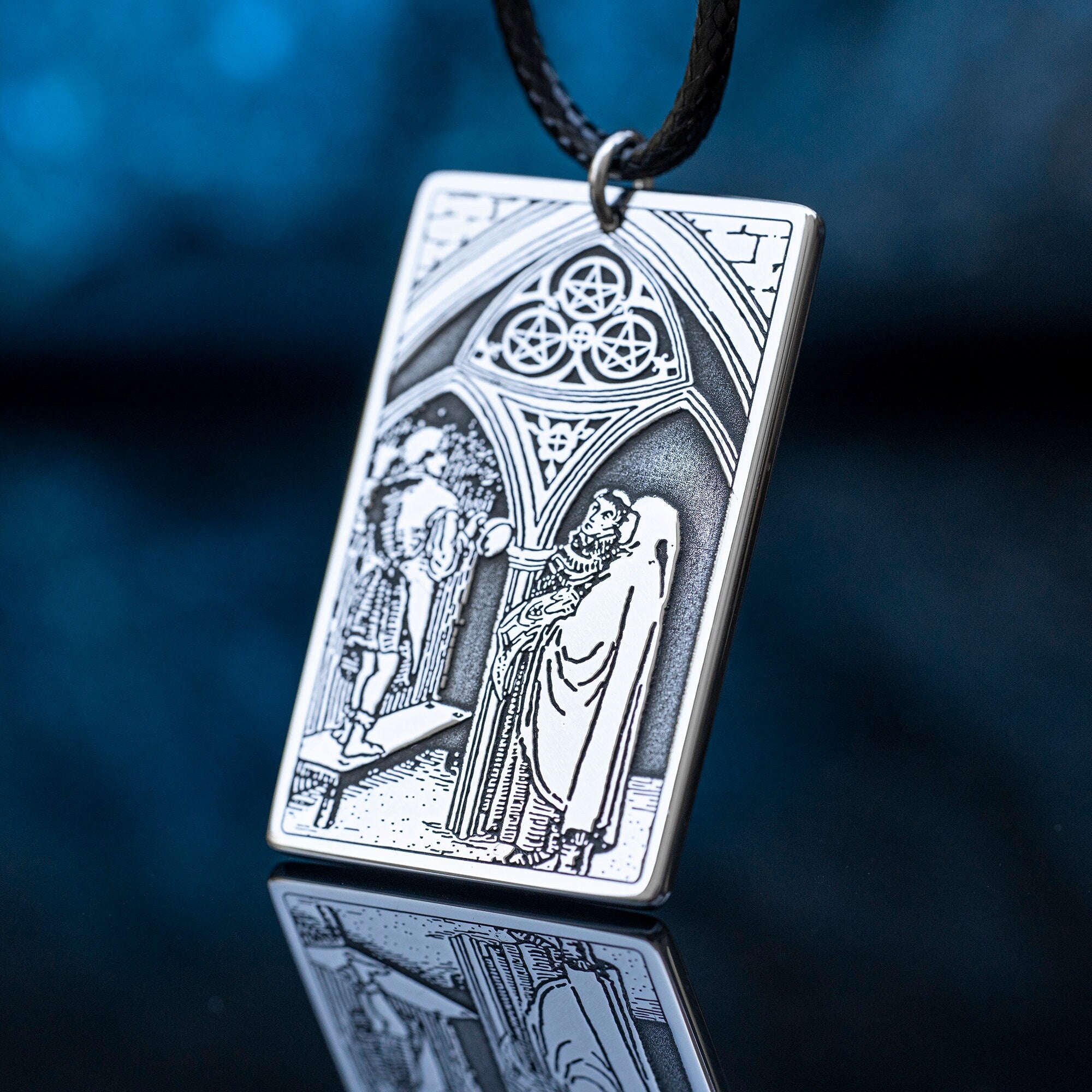 Three of Pentacles Tarot Card Pendant: High Arcana Occult Amulet