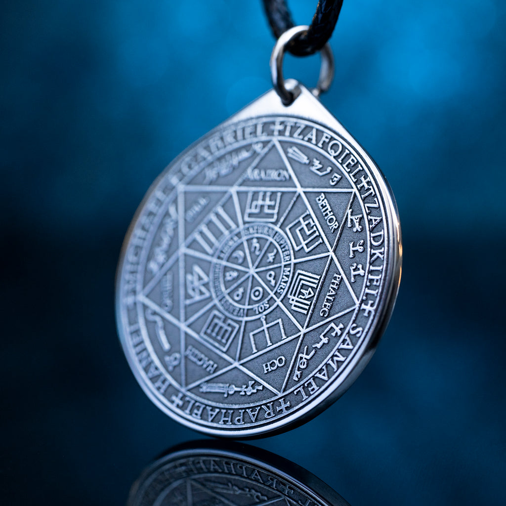 Seven Archangels planetary seal pendant with angelic names, sacred geometry, and Solomonic protection symbolism