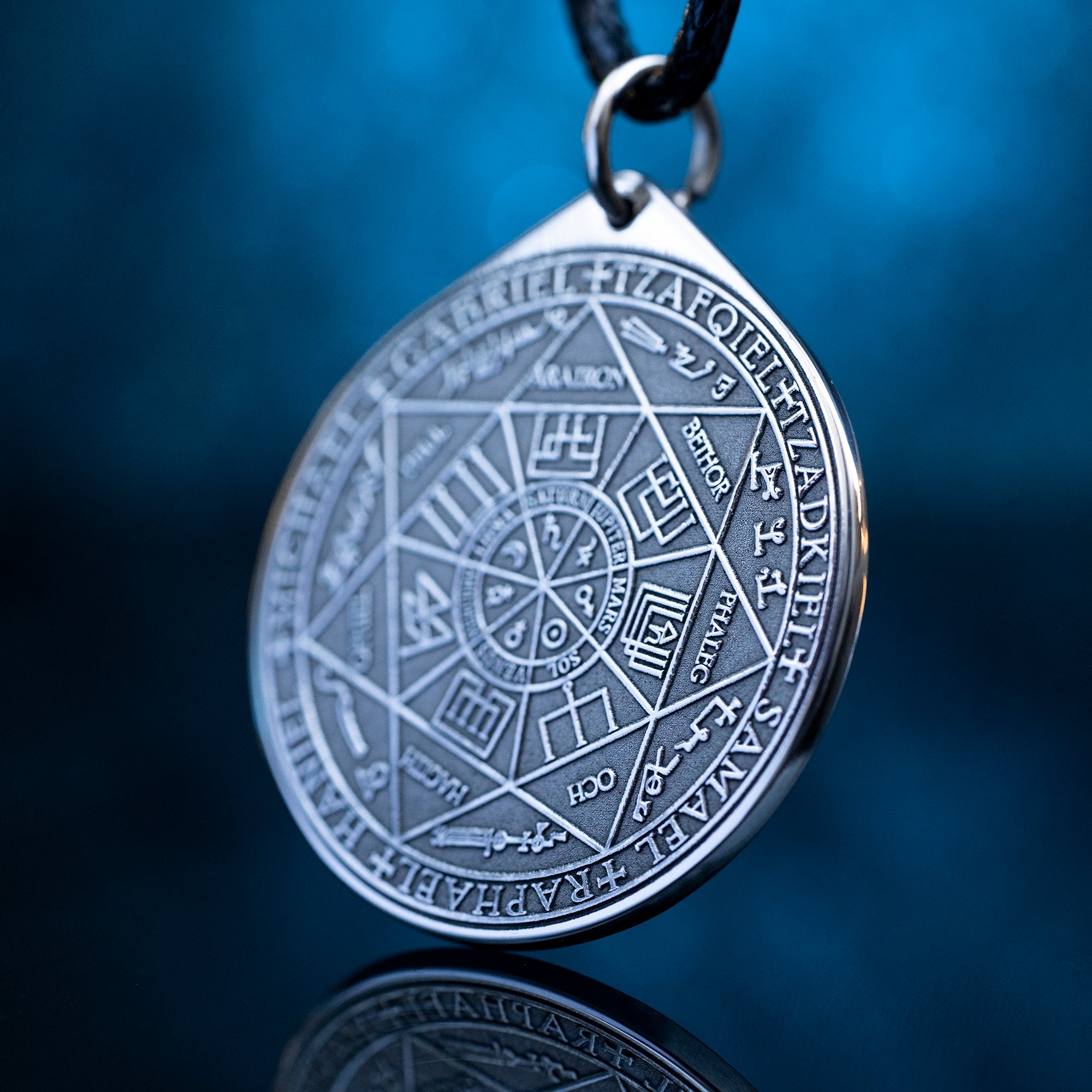 Seven Archangels planetary seal pendant with angelic names, sacred geometry, and Solomonic protection symbolism
