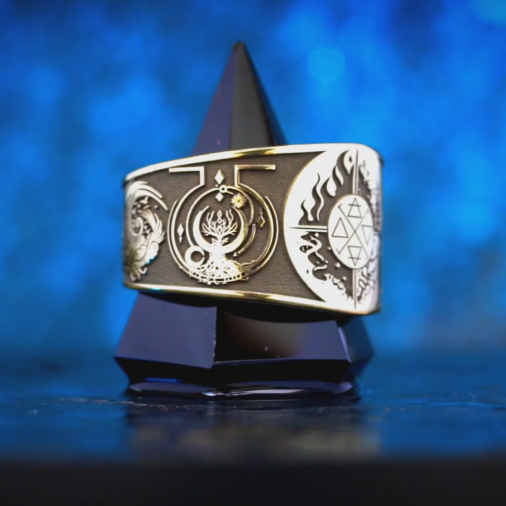 Alchemical Symbol Ring: Life and Death Duality Talisman, Elemental Fire Water Air Earth Occult