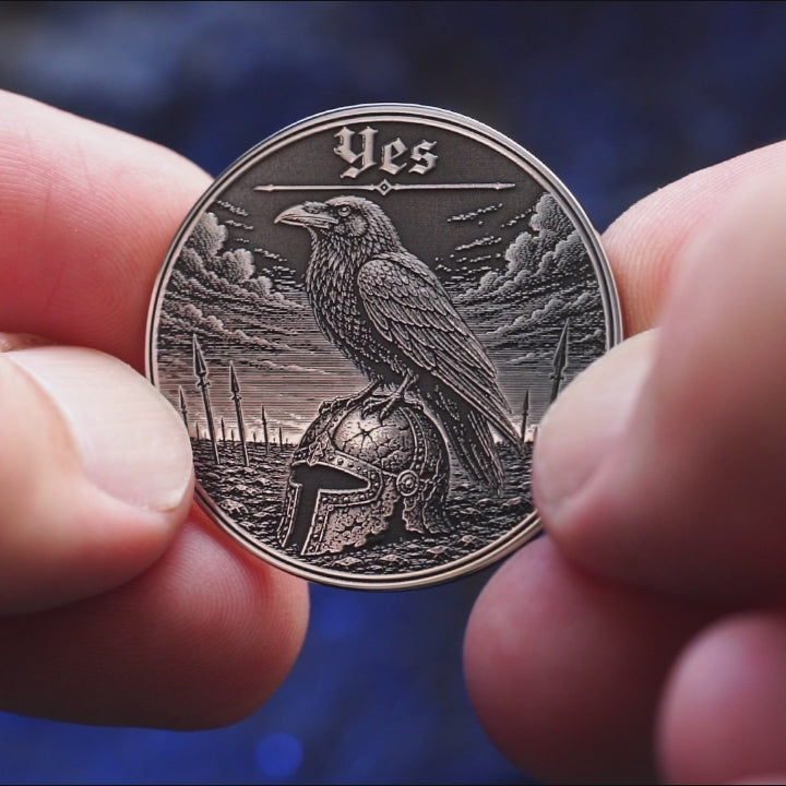 Raven Decision Coin: Yes No Oracle Flip Token, War Fate Talisman Medallion