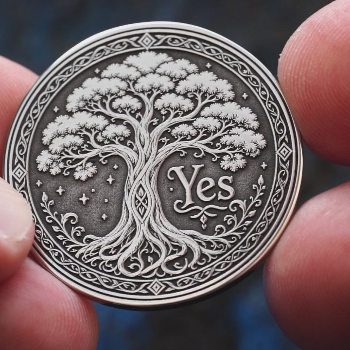Double-sided tree decision coin with Yes and No sides symbolizing growth, decay, life, and fate
