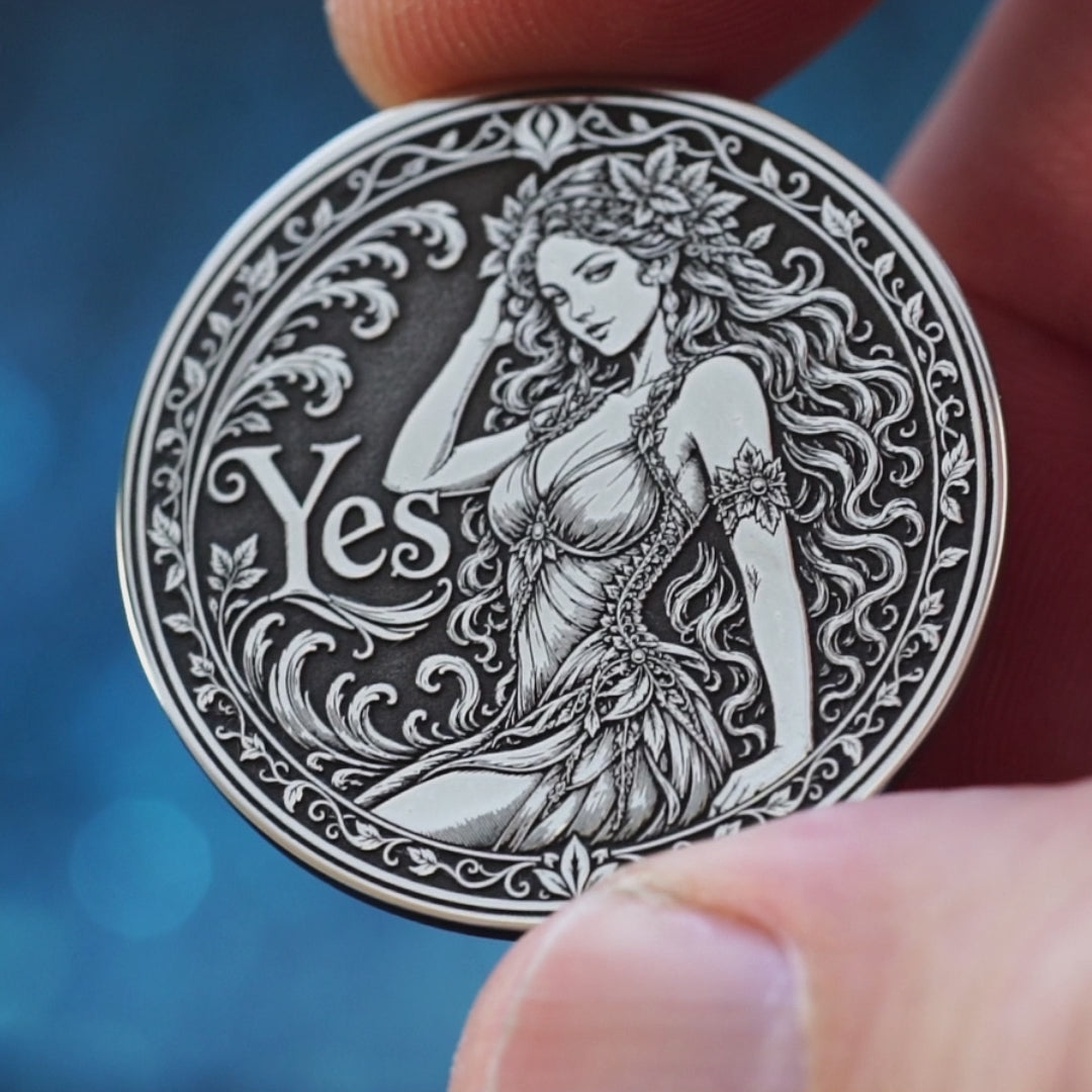 Double-sided fantasy decision coin with a nymph on the Yes side and an imp on the No side