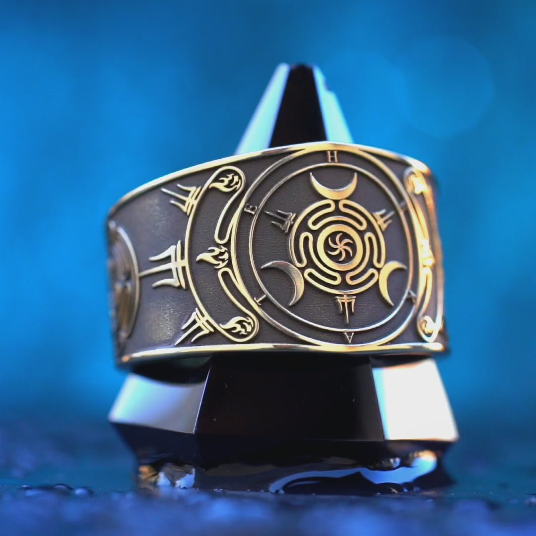 Hecate Wheel Ring: Triple Moon Goddess Symbol, Pagan Witchcraft Talisman and Protection Jewelry