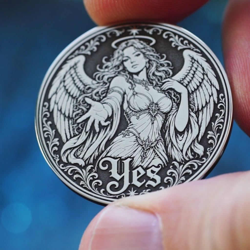 Double-sided angel demon decision coin with Yes and No sides for oracle-style choices